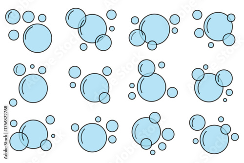 Fizzy Drink, Water Bubble Black and Blue Pictogram. Effervescent Champagne. Sphere Foam, Aquarium. Clear Soda Drops Line and Silhouette Icon Set. Soap Symbol Collection. Isolated Vector Illustration
