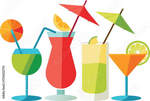 Vector art of assortment of colorful tropical cocktails with garnishes