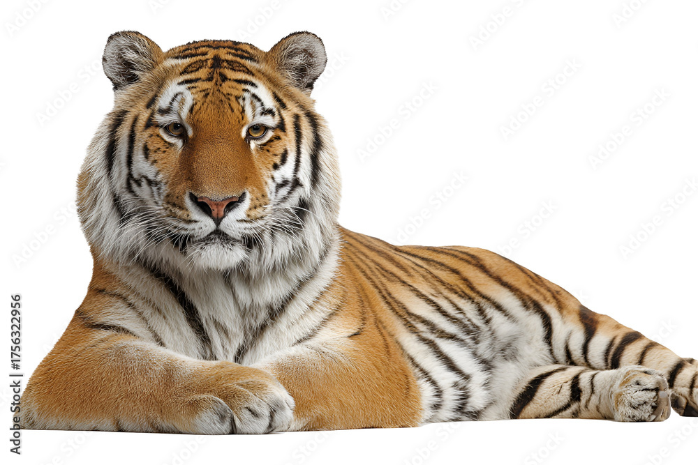 Obraz premium Majestic bengal tiger lying down isolated on transparent background