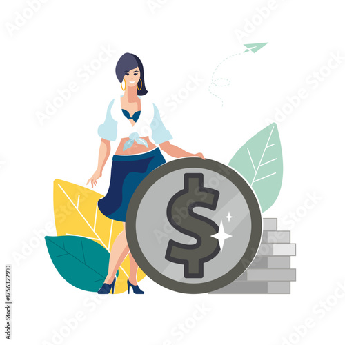 Business analysis. Businesswoman with silver dollar coin investor, stacks of pennies. Investment, people. Finance presentation, flat design, banner, Money and profit, success. Vector illustration