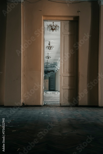  A beautiful hall in a huge abandoned palace. The interiors of an abandoned 18th-century palace. Beautiful architecture. 