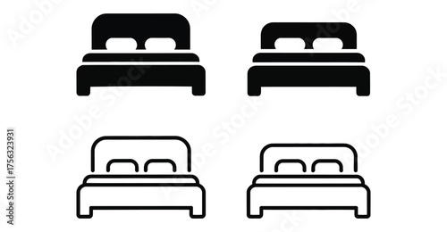 Bed icon set with headboard and pillow details—solid and outline styles for hospitality, sleep apps, interior design, and signage 