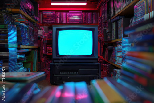 Floating video rental shop showcases thousands of neon-lit VHS tapes and retro technology in dramatic neon red and blue light, creating a moody cyberpunk aesthetic.