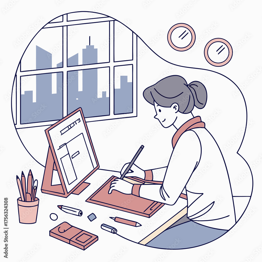 Obraz premium Graphic designer working creatively at desk with digital drawing tablet and cityscape view