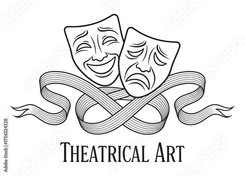 Theatrical masks line art in black and white