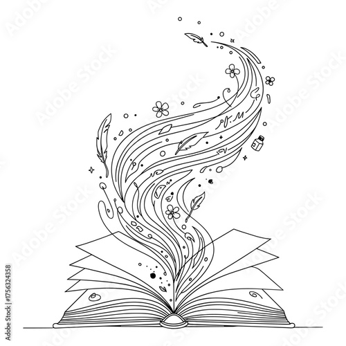 Open book with swirling elements line art in black and white