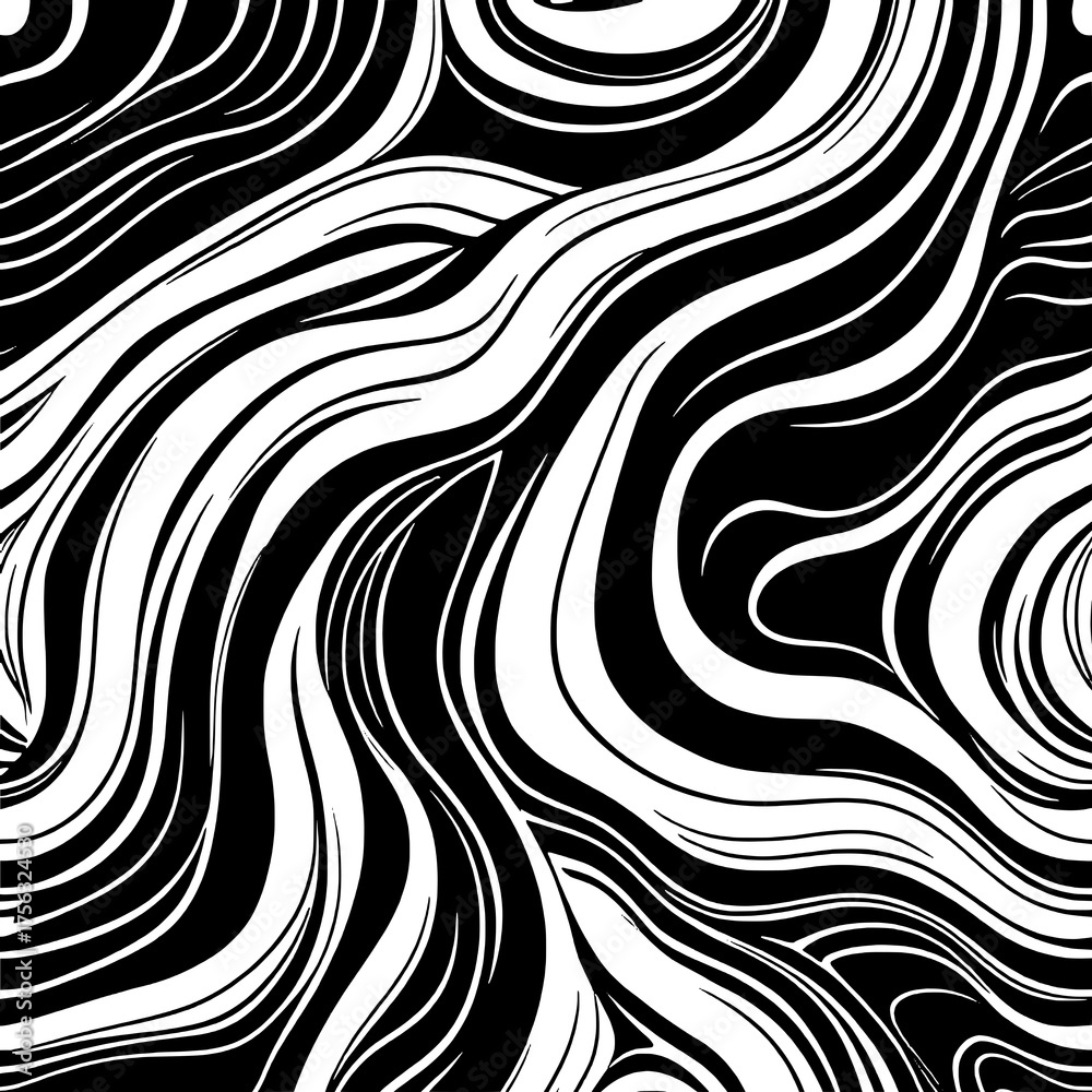 Obraz premium Dynamic Black and White Abstract Wave Pattern Background. A seamless, fluid design featuring contrasting thick and thin swirling lines, creating an organic, energetic visual flow.