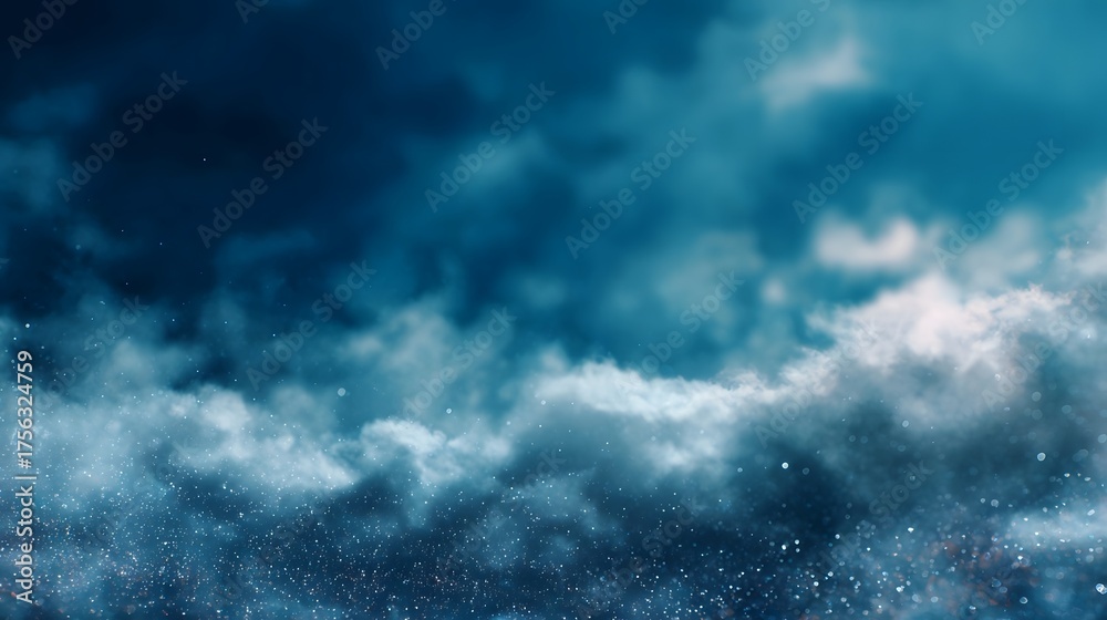 Fototapeta premium Ethereal clouds drift in a dramatic dark blue sky with shimmering particles and soft bokeh