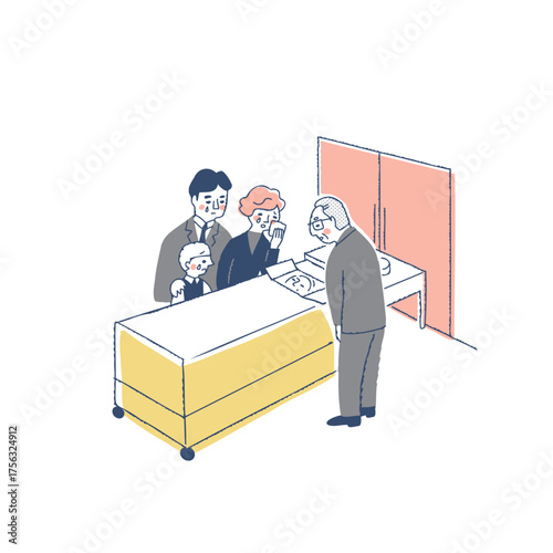 火葬前に故人にお別れをする遺族　火葬・焼却炉