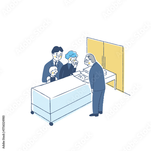 火葬前に故人にお別れをする遺族　火葬・焼却炉