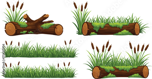 Mossy log and cattail grass vector set, nature scene elements, forest ground illustrations, cartoon foliage graphics, wetland design pack