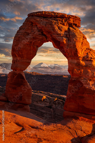 Beautiful Cloudy Sunset on Delicate Arch, Arches National Park, Utah