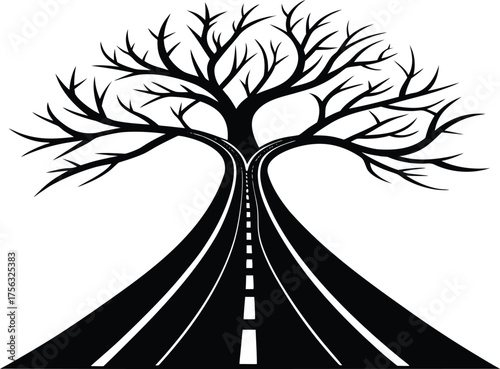 Vector art of stylized black silhouette of a tree with branches forming a canopy over two diverging roads, symbolizing choice or diverging paths