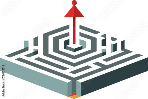 Vector art of isometric maze with a red arrow pointing out from the center