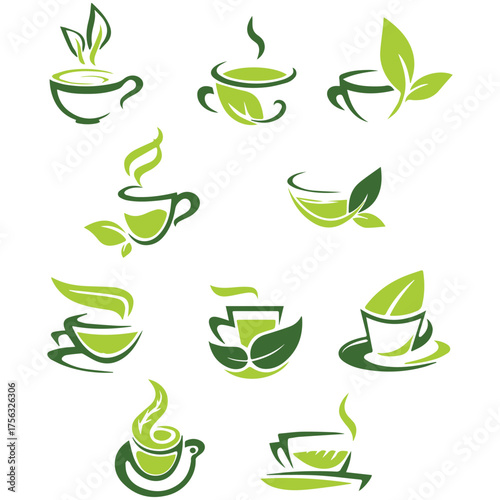 Set of A Cup of Hot Green Tea Aromatic Herbal Healthy Drink with Leaves in Cafe