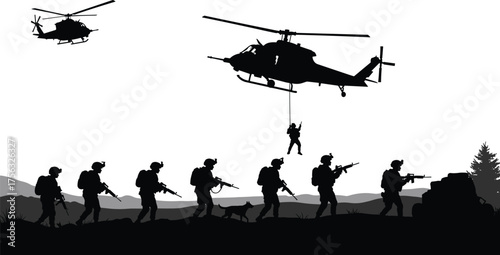 Military silhouette vector set, soldiers walking with rifles, helicopters, rappelling scene, tactical gear, mountain terrain, combat operation design