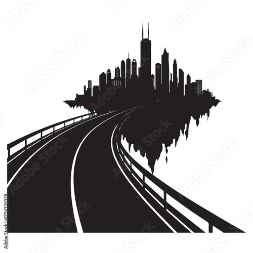 Abstract black silhouette of a sprawling city skyline emerging from a winding road leading towards the urban landscape