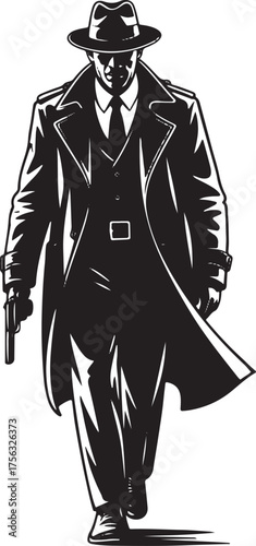 Black and white illustration of a man in a fedora and trench coat holding a gun