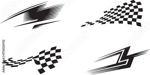 Four black racing checkered flag and abstract speed graphics