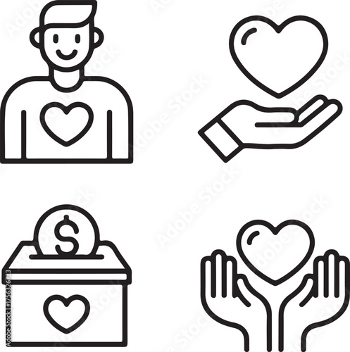 Charity and support icons donating to causes and showing love