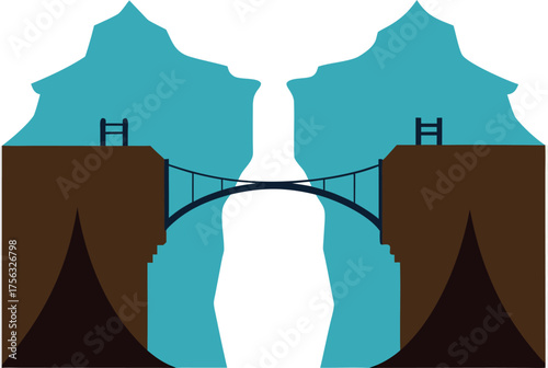 Vector art of conceptual illustration of a bridge connecting two mountain peaks, symbolizing connection and overcoming obstacles