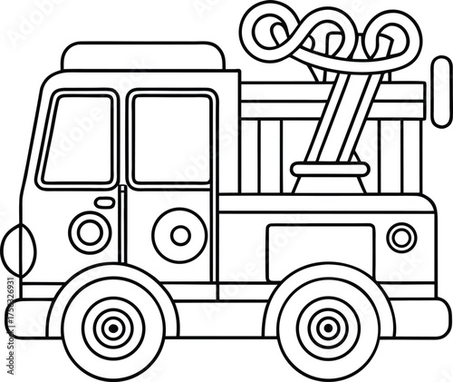 Outlined fire truck with siren hose and ladder in simple emergency art Vector illustration