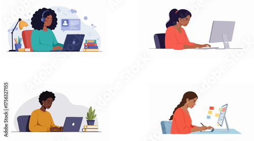 Collection of Black Women Working and Studying on Computers.