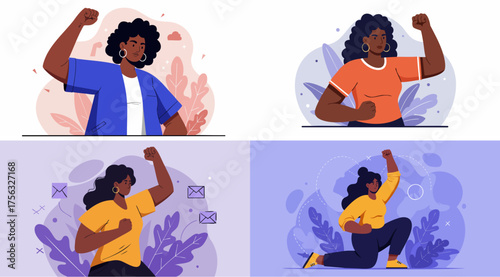 Strong and Empowered Black Woman Showing Strength - Vector Illustration Set.