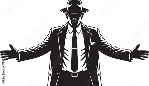 Man in fedora and suit with arms outstretched vector