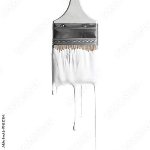 White paint dripping from a clean paintbrush on a white background