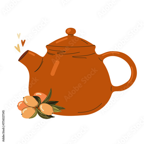 Brown teapot with sea buckthorn berries