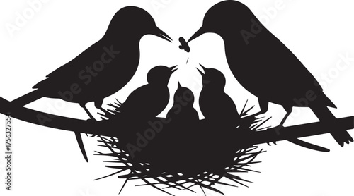 Silhouette birds feeding their young in nest on a tree branch