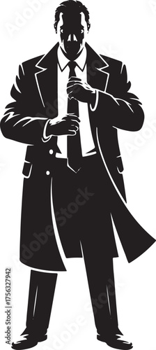 Man in suit adjusting tie black and white illustration