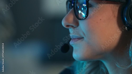 A close up of a smiling female customer service agent or call center employee wearing a headset. Online support, technical assistance, and professional digital communication during a night shift