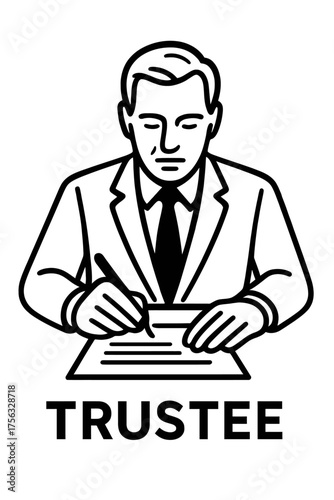 Professional Trustee Fiduciary Responsibilities Icon: Man in Suit Signing Important Legal Documents, Managing Estate, Trust Administration, and Asset Oversight. Concept for Financial Planning, Wills