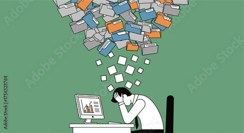An illustration depicts a man overwhelmed by paperwork, symbolizing workplace stress, depression and the challenges of modern work environments.