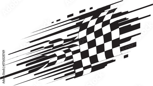 Racing flag glyph icon – black and white checkered pattern with motion speed effect. Motorsport competition vector design.