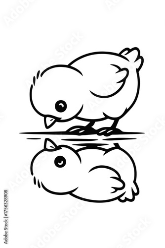 A charming, innocent baby chick, delicately rendered in a beautiful minimalist outline illustration, thoughtfully observes its own gentle reflection on a calm, dark water surface, evoking peace