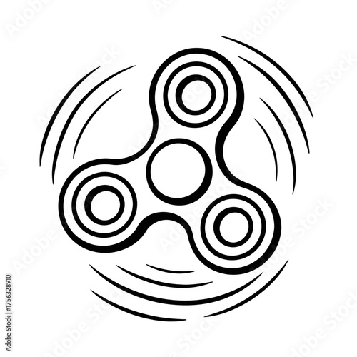 Sleek, minimalist dark grey fidget spinner illustration with dynamic black motion lines on a subtle grey background. A modern digital icon symbolizing stress relief, focus