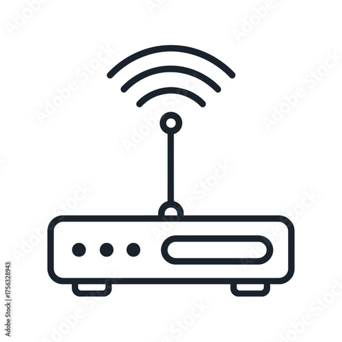 Sleek line art icon of a wireless router, featuring an antenna broadcasting powerful Wi-Fi signals. Illustrating modern internet connectivity, home networks, high-speed data