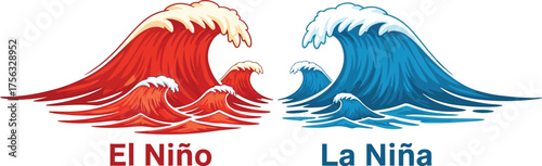 El Niño and La Niña illustration depicting two distinct global climate phenomena, contrasting warm and cool ocean temperature patterns and their widespread environmental impacts on weather systems