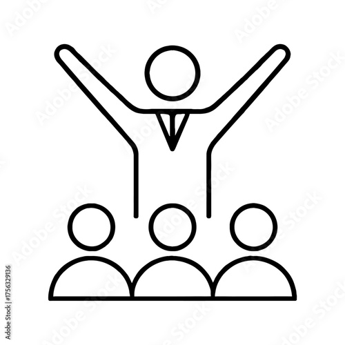 Vector outline icon showing a triumphant leader or motivational speaker with arms raised in victory or engagement, standing above and inspiring a group of three team members or an audience.