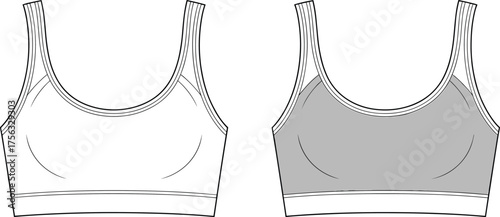 Sports bra design, technical sketch, fashion illustration, scoop neckline, wide straps, contrast panel, garment template, clothing outline, flat vector illustration