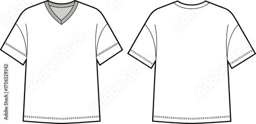 V-neck T-shirt, fashion sketch, technical drawing, short sleeves, garment template, clothing outline, apparel mockup, casual wear, flat vector illustration