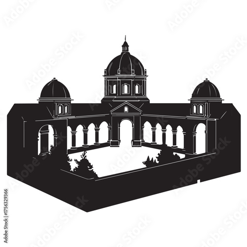 Silhouette of a grand classical building with multiple domes and arched colonnades creating a symmetrical courtyard design