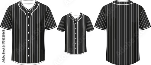 Pinstripe baseball jersey front, back, and side views with button-up design and white piping for sportswear vector illustration themes