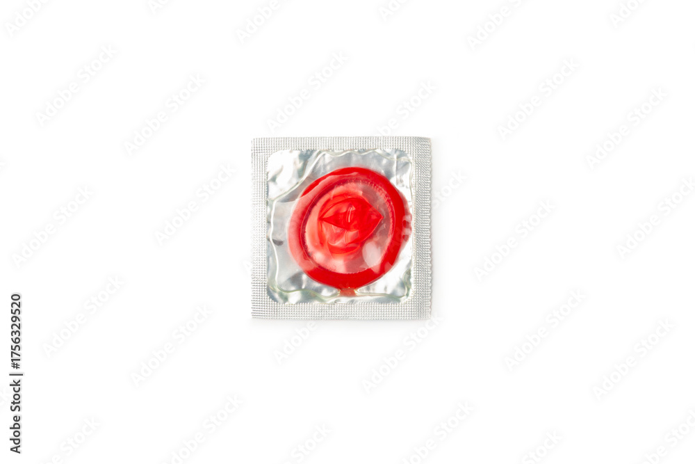 Fototapeta premium Condoms isolated on white background. Colorful fruit-colored condoms in packaging. Safe sex concept. Contraceptive. Different birth control methods. Aids prevention. World AIDS Day. Sexual health.