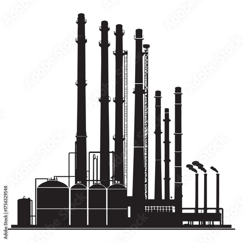 Silhouette of a large industrial complex with numerous tall smokestacks and storage tanks against a white background