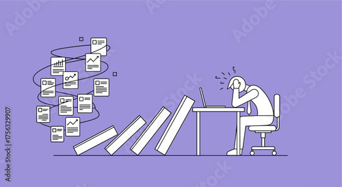 A stressed individual sits at a desk, overwhelmed by work and financial documents, illustrating workplace stress and the impact of depression.