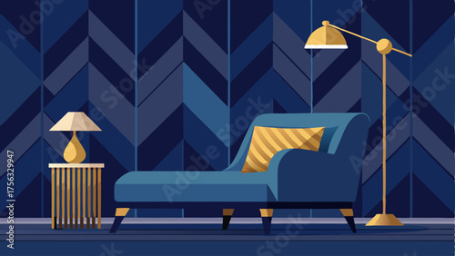 A cozy reading nook with a velvet chaise lounge a tall brass floor lamp and a geometric patterned wallpaper in shades of navy and gold.